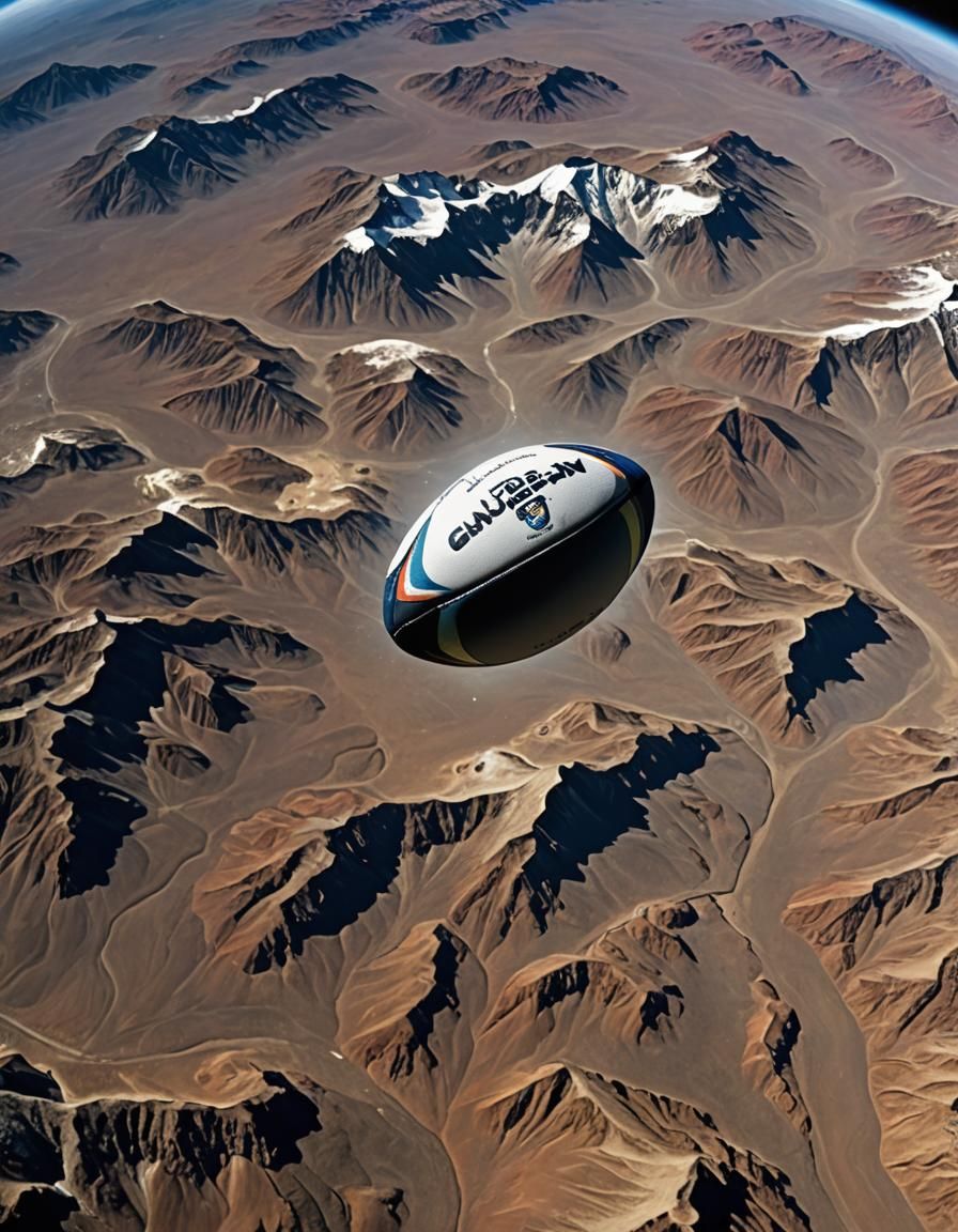 Rugby Ball Soars Above Mountain Peaks