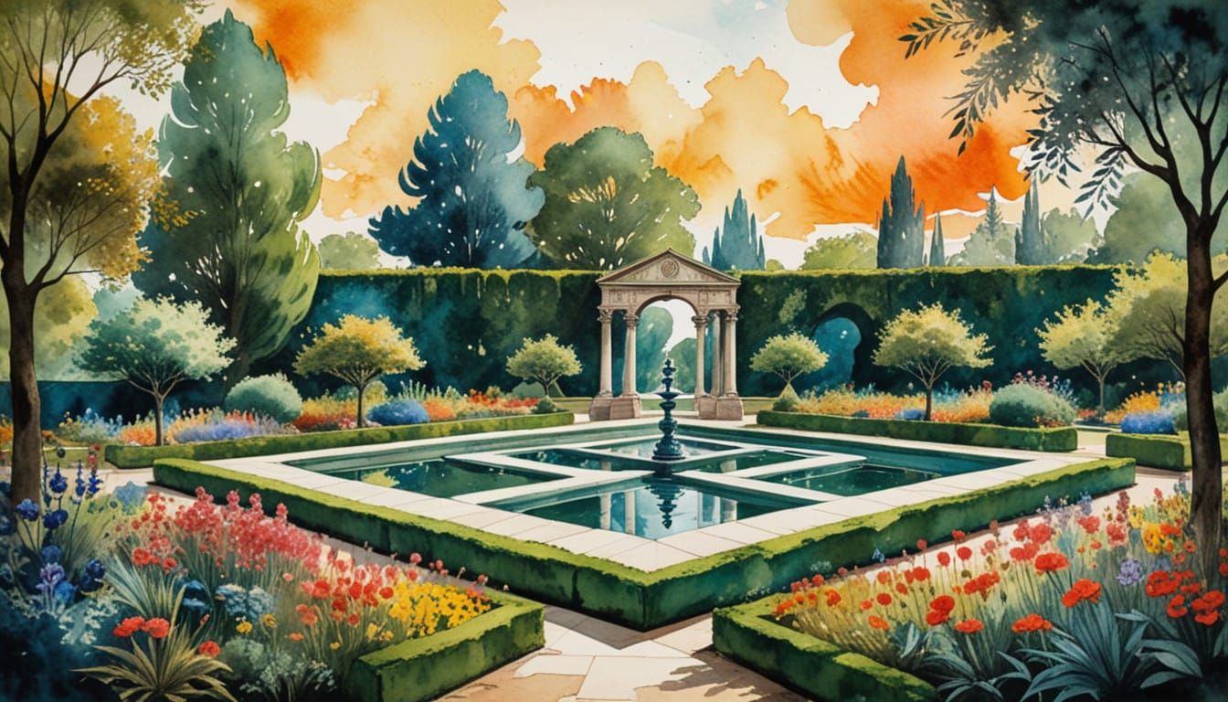 Surreal Summer Garden in Vibrant Watercolor Style