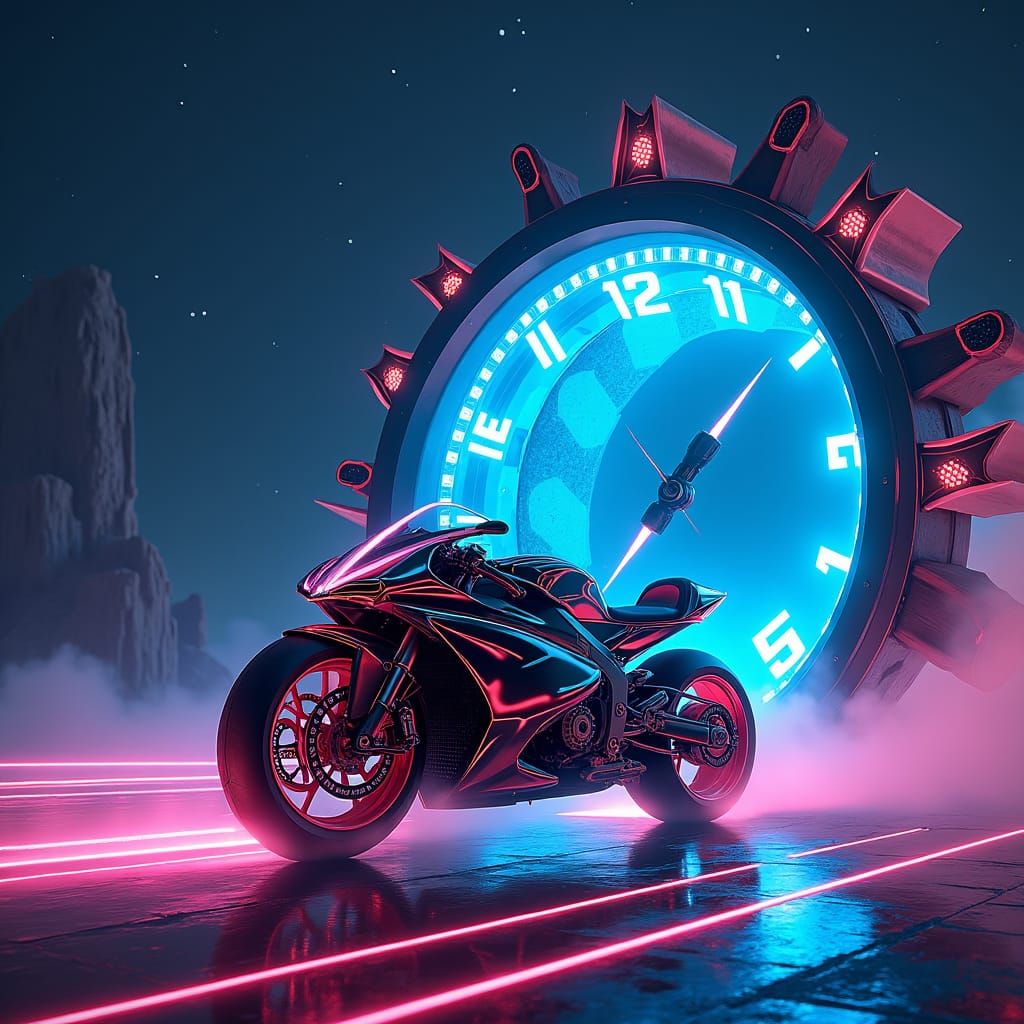 Hyper-Modern Motorcycle Speeds Through Clock Portal
