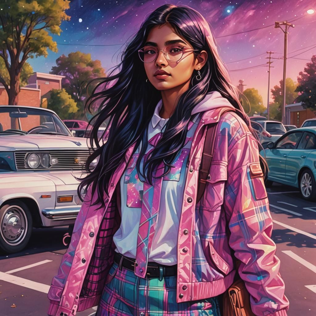 Cosmic Indian Girl with Pink Car in Surreal Style