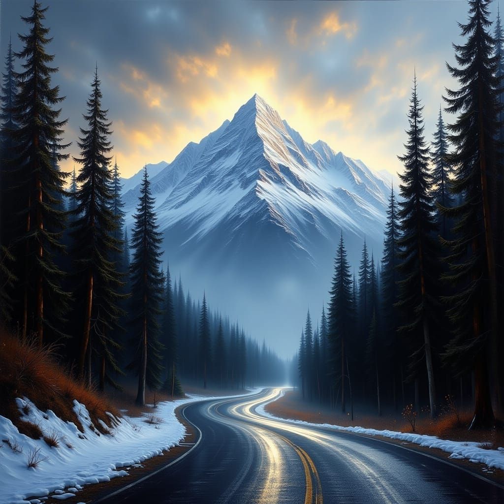 Majestic Snow-Capped Mountain at Sunset, Oil Painting Style