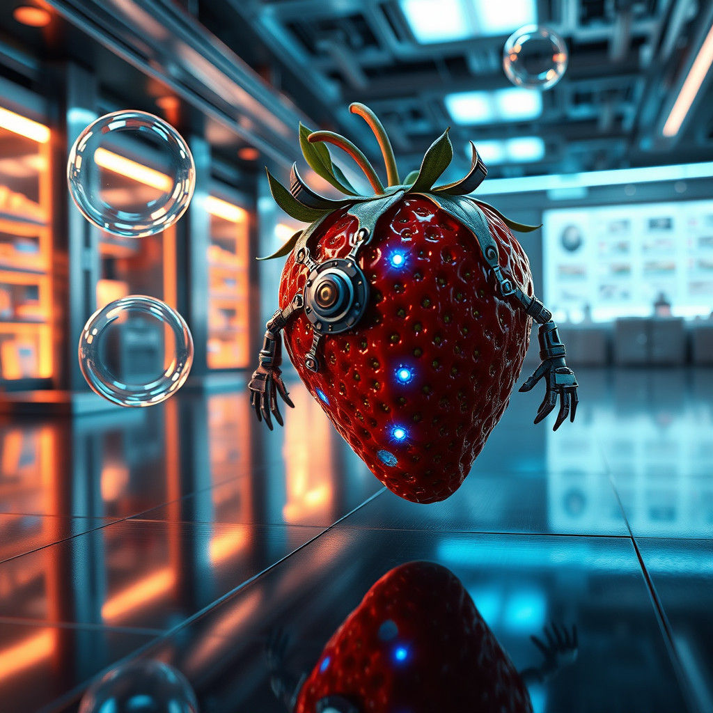 Strawberry Robot Chasing Soap Bubbles in Futuristic Lab