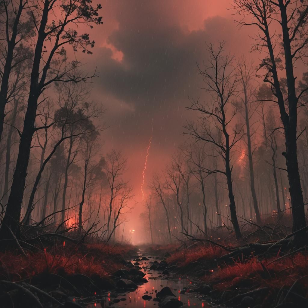 Surreal Red Forest Landscape in Digital Art