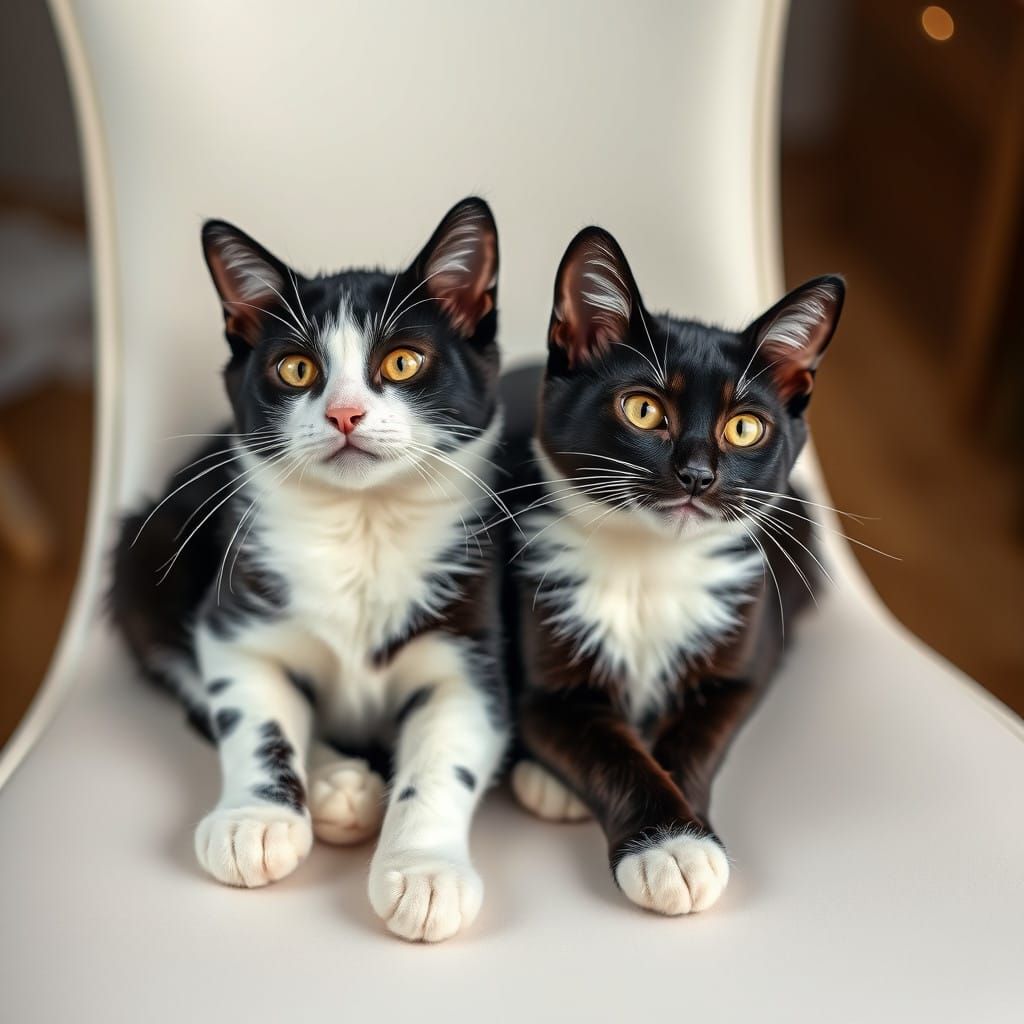 Two Sleek Black and White Cats in Intimate Close-Up