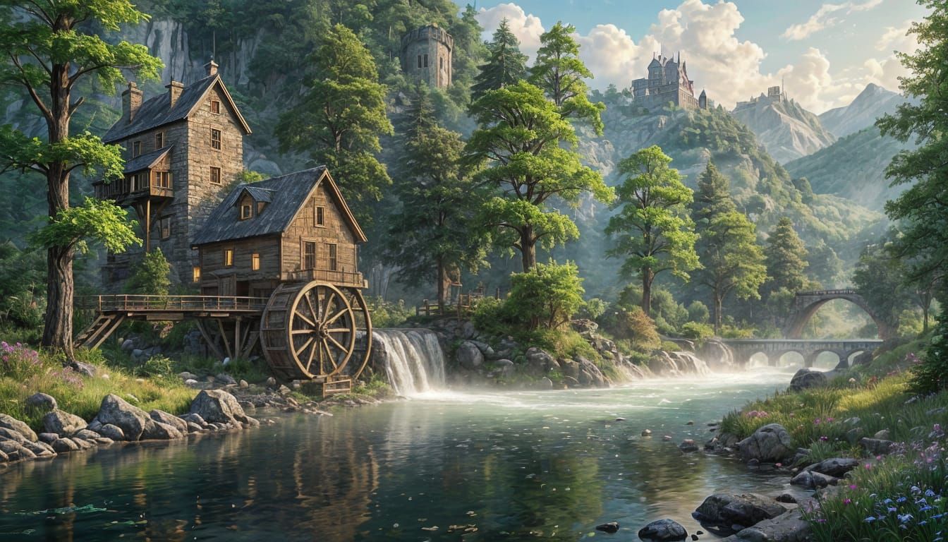 Fantasy Mill Scene with Castle and Twin Moons