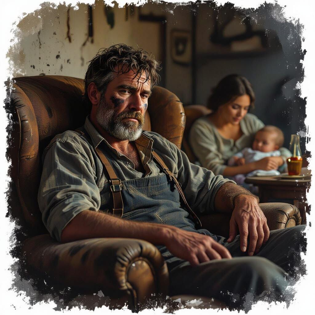 Tired Coal Miner Relaxing After Work in Dramatic Lighting