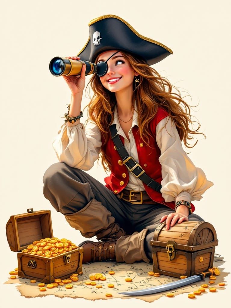 Fearless Pirate Maiden in Whimsical Watercolor Style