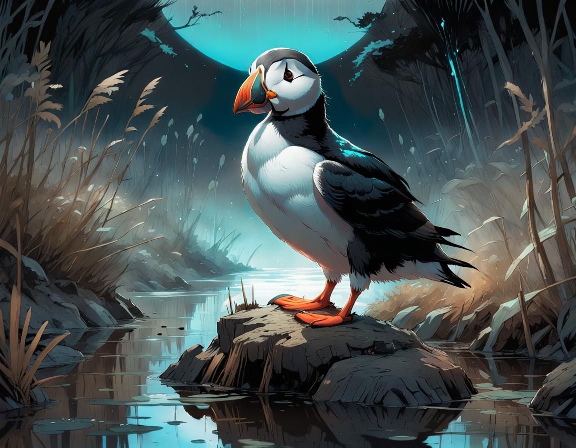 Haunted Puffin in Bioluminescent Wetlands: Manga Illustratio...
