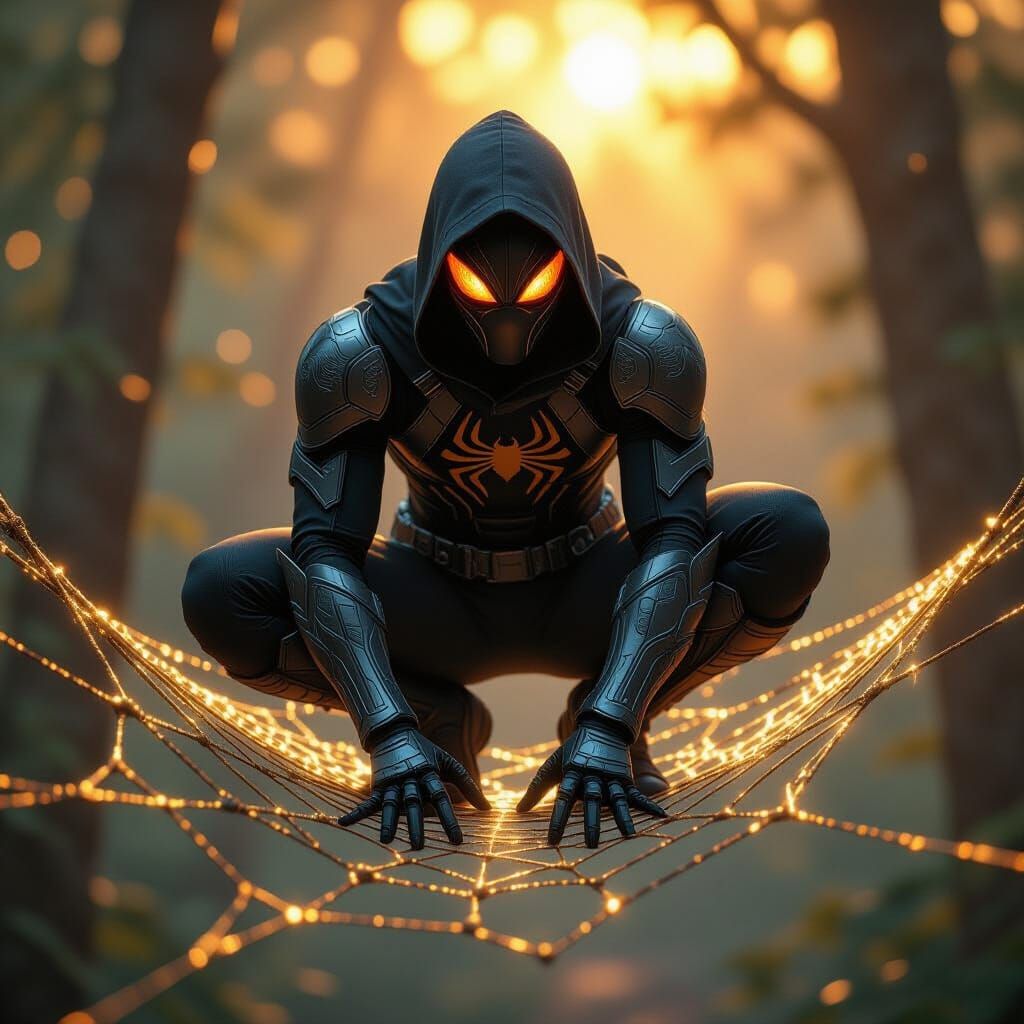Ninja Spider on Golden Web, Hyperrealistic Scene