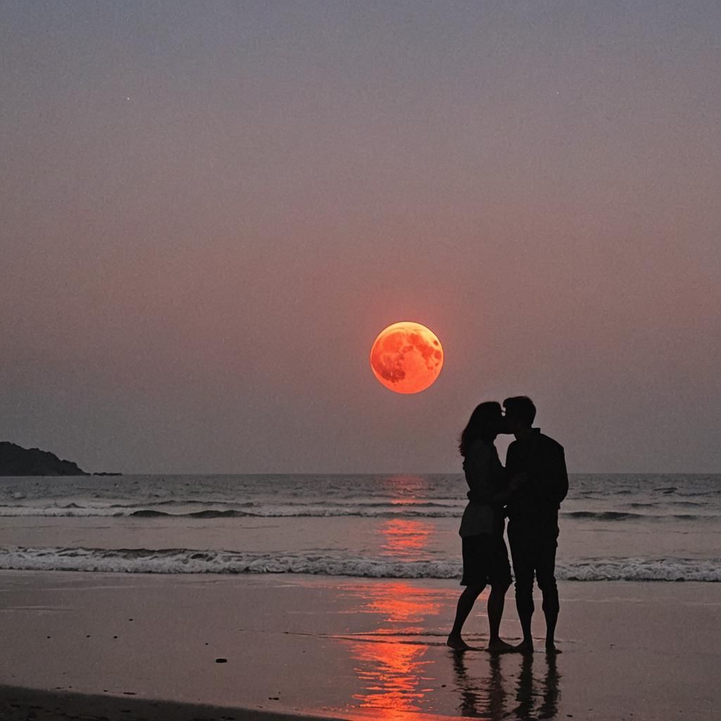 Romantic Beach Kiss Under Red Moon