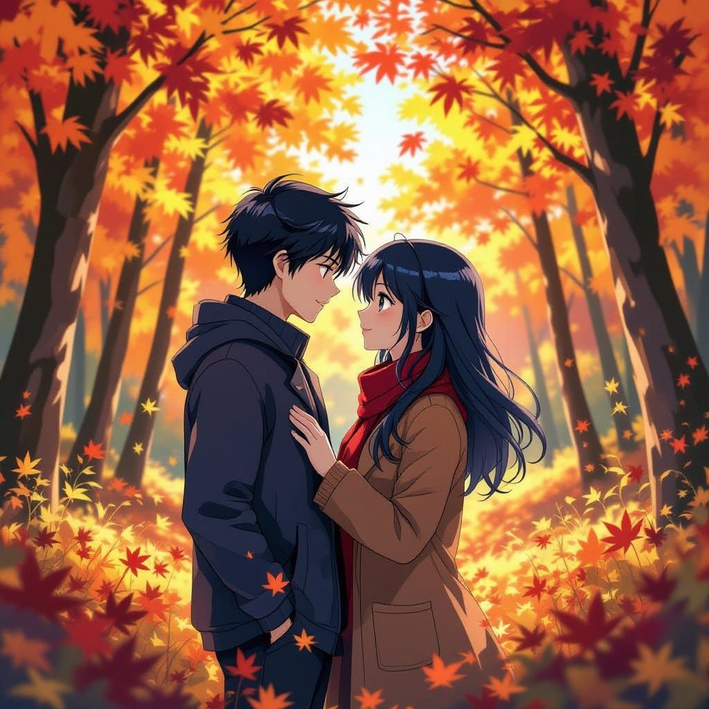 Loving Couple in Vibrant Autumn Forest Anime Style