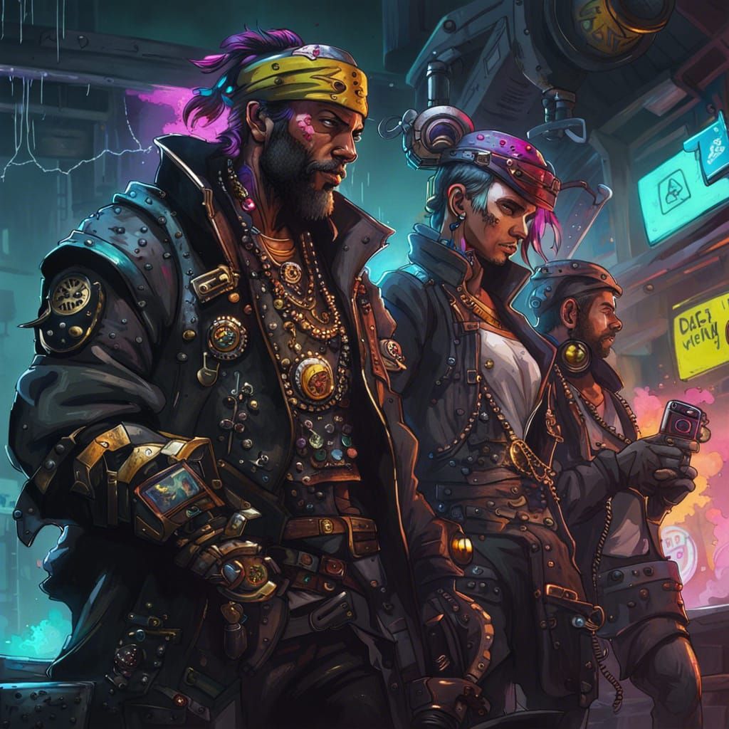 Cyberpunk Pirate Crew in Detailed Graffiti Art