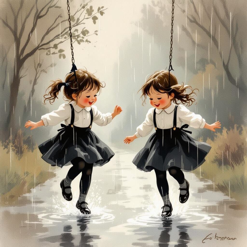 Girls Swinging Joyfully in the Rain, Painterly Style