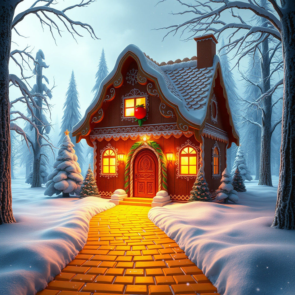 Gingerbread House in Winter Wonderland, High-Fantasy Style