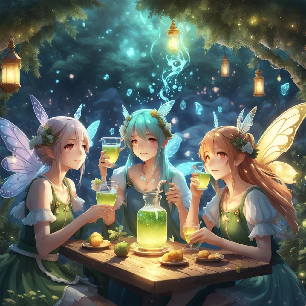 Fairies Celebrate with Magic Elixir: 3D Anime Art
