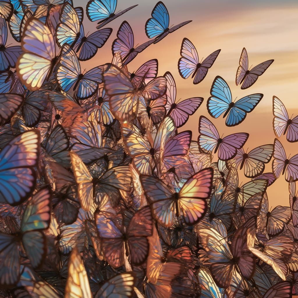 Iridescent Butterflies Dance Amidst Sunset Colors