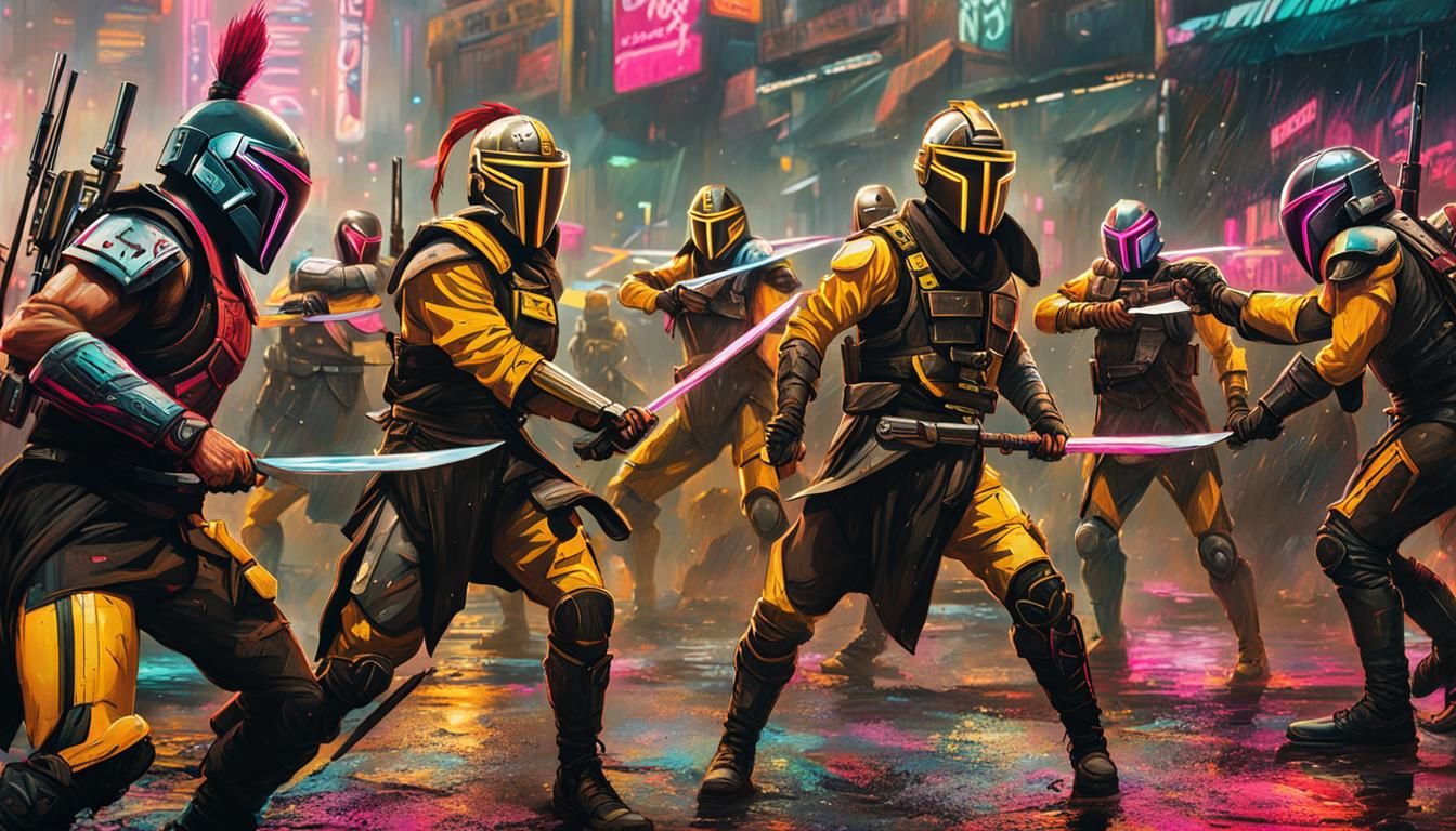 Cyberpunk Spartans Battle in Neon Graffiti Style