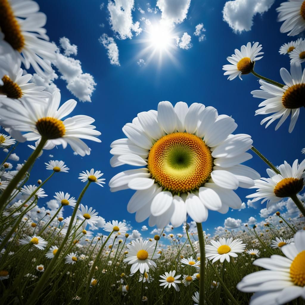 Worm's Eye View: White Daisies Against Blue Sky