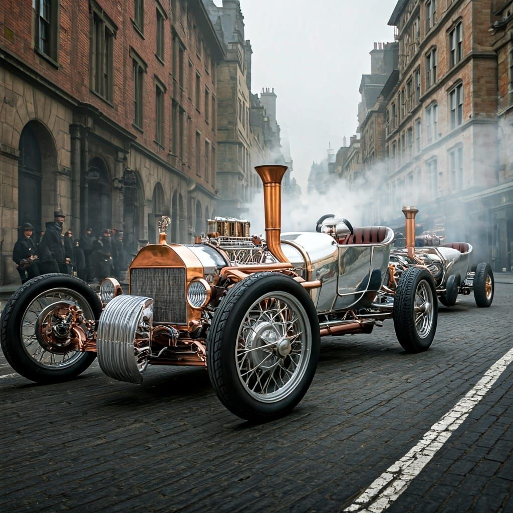 Steampunk Ford Race Through Victorian Cityscape