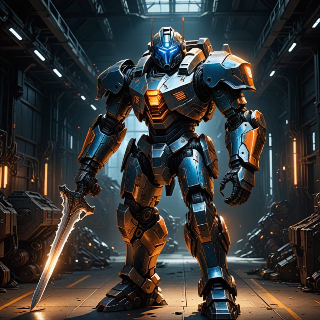 Sci-Fi Mech Knight in Orange Energy Glow