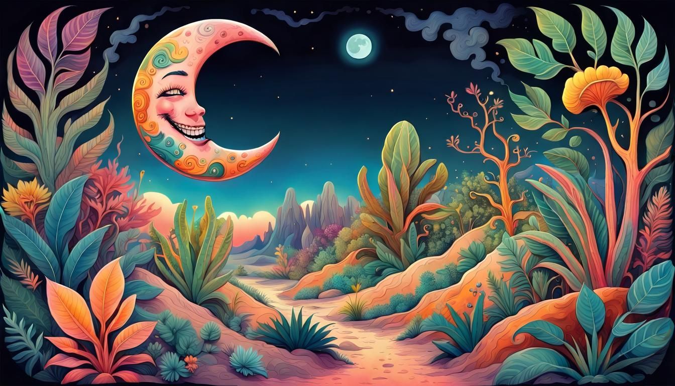 Vibrant Moonscape with Whimsical Creatures