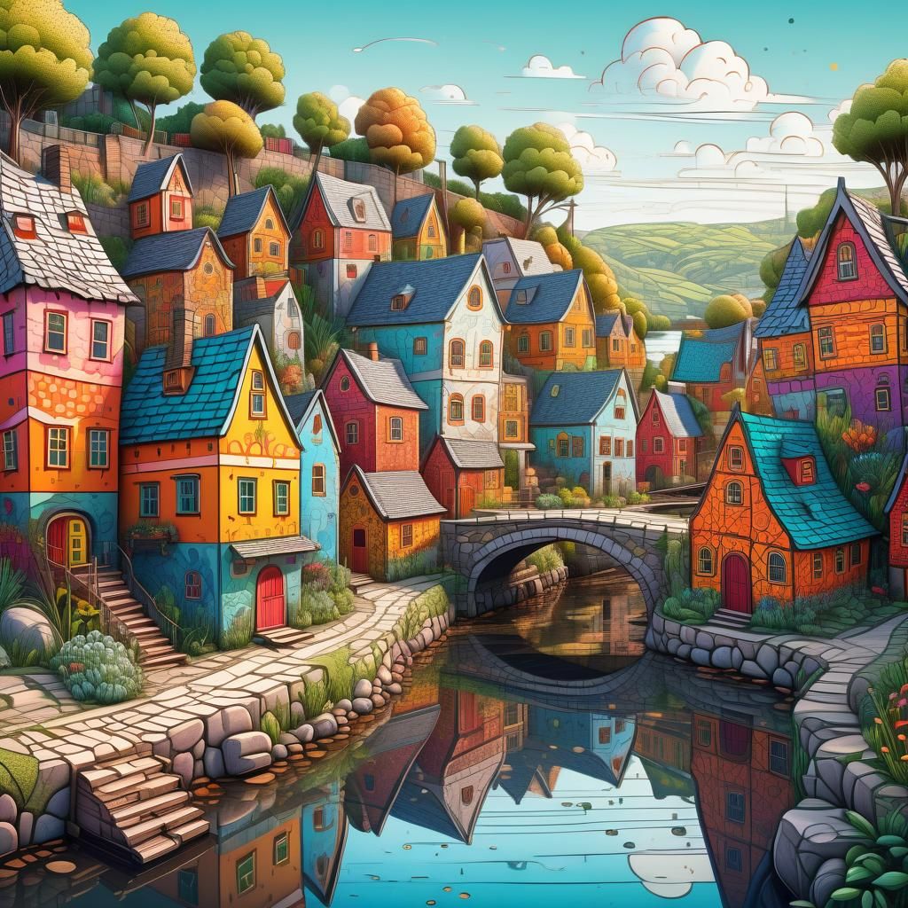 Whimsical Doodle Village Concept Art in Hyperrealism
