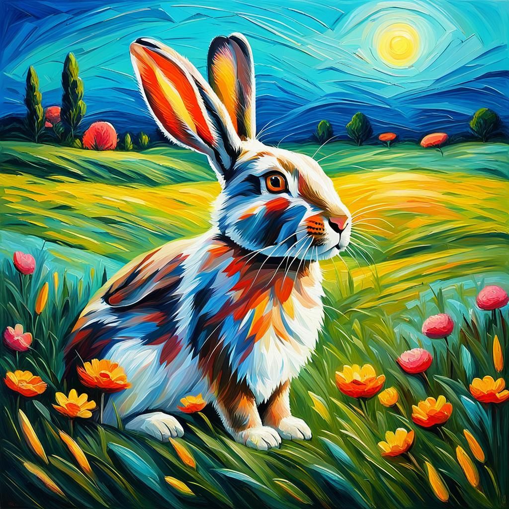 Vibrant Countryside Rabbit in Impasto Brushstrokes