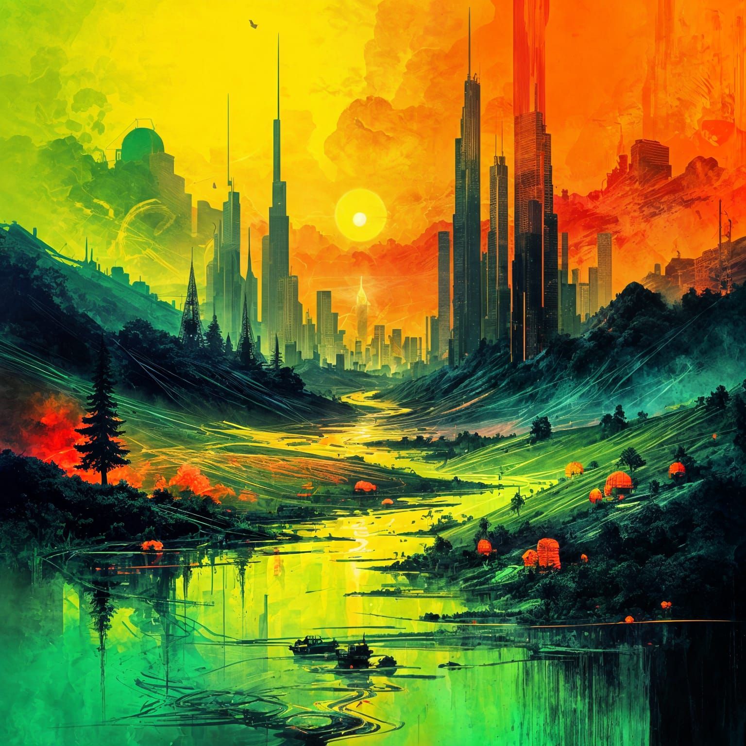 Neon Green and Orange Abstract Panoramic Landscape