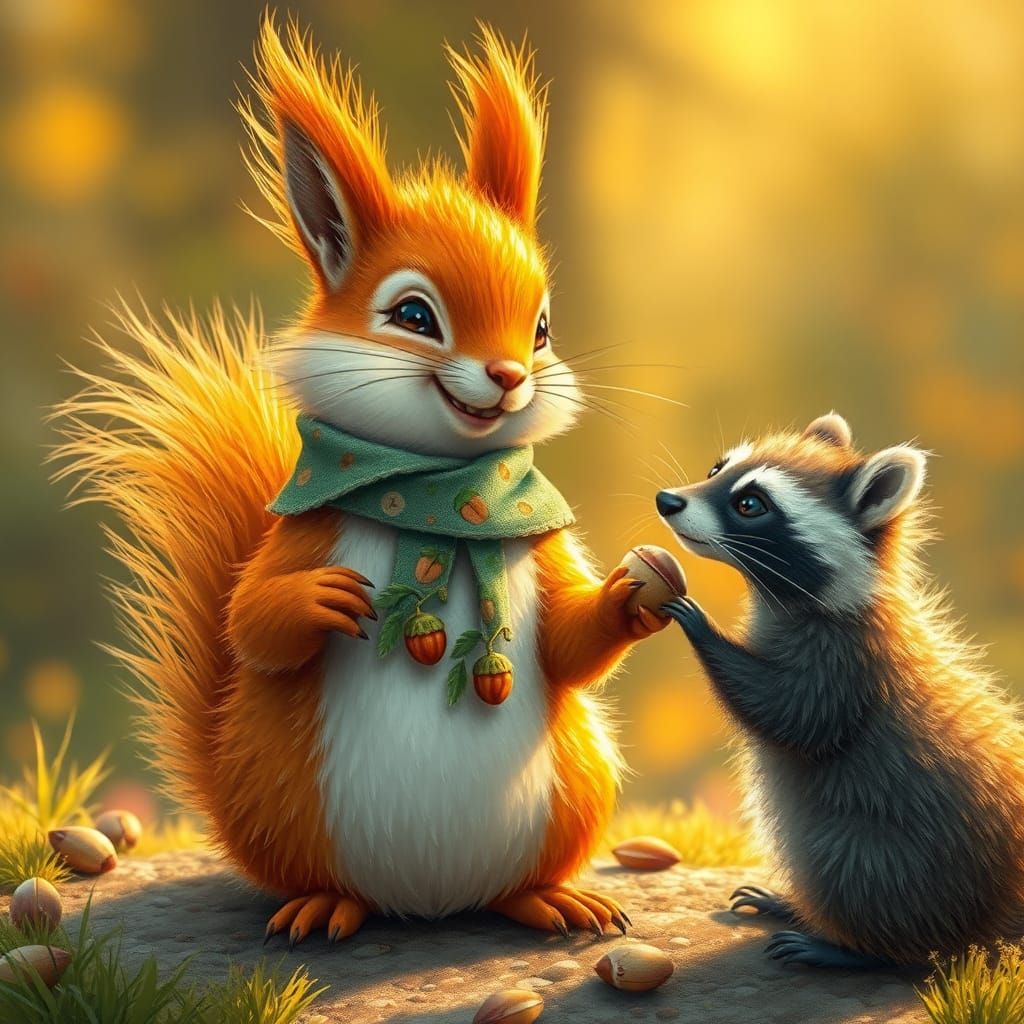 Squirrel and Raccoon Sharing Nuts in Whimsical Style