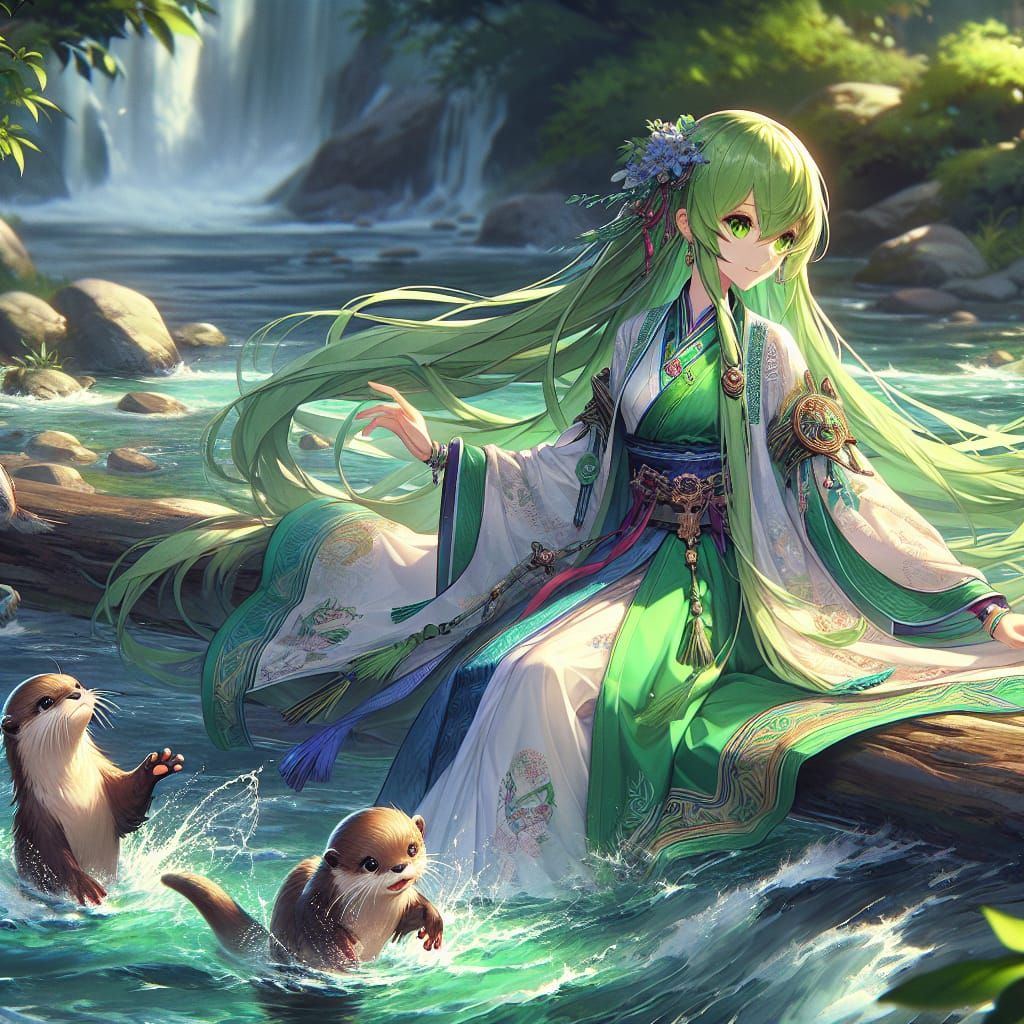 Anime Girl with Otters in Fantasy Landscape