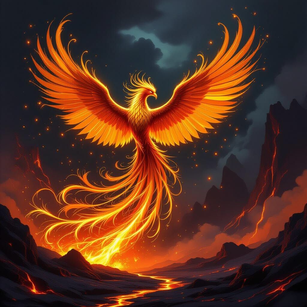 Molten Gold Phoenix Rises from Volcanic Fire