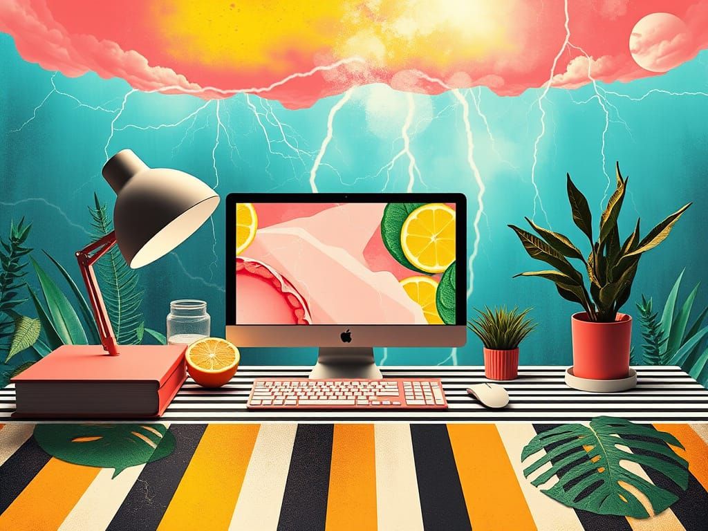 Surreal Futuristic Desk in a Vibrant Striped Aesthetic