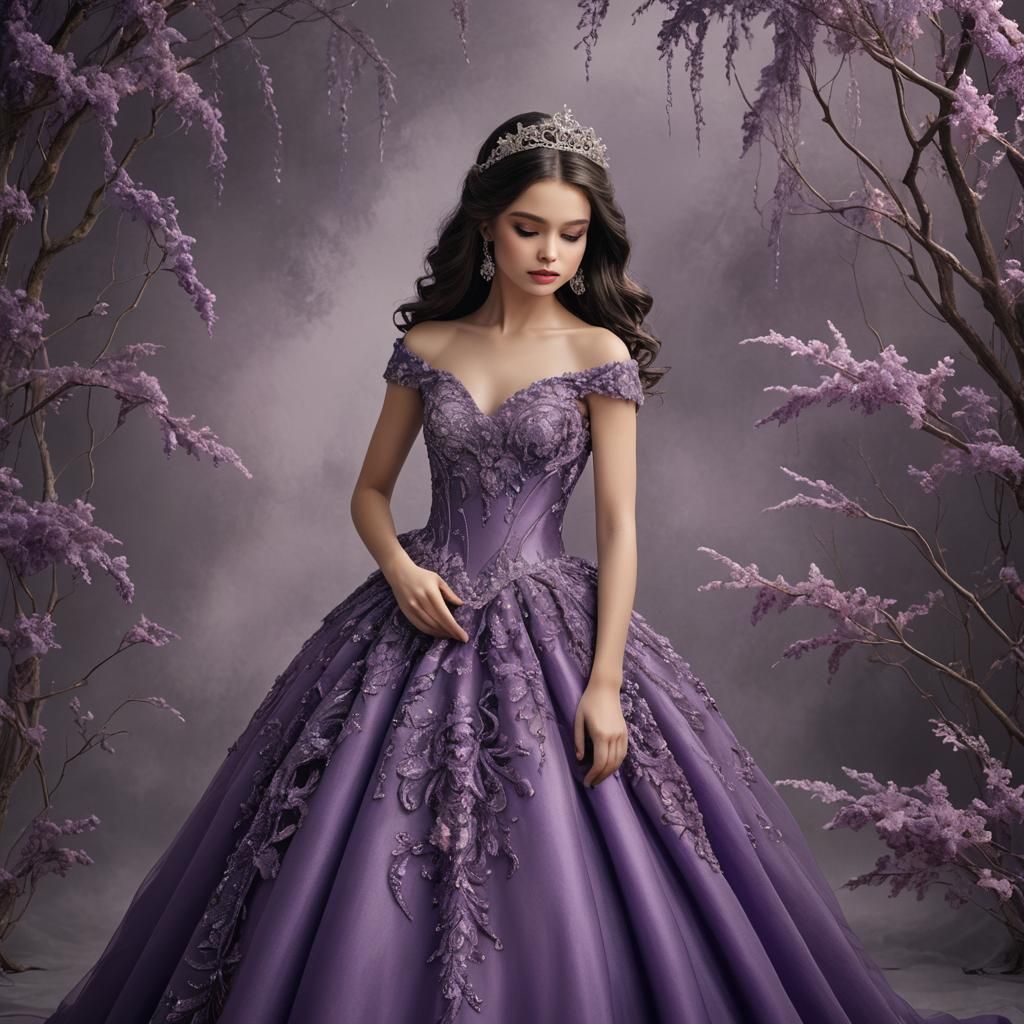 Dark-Haired Girl in Purple Fantasy Ball Gown