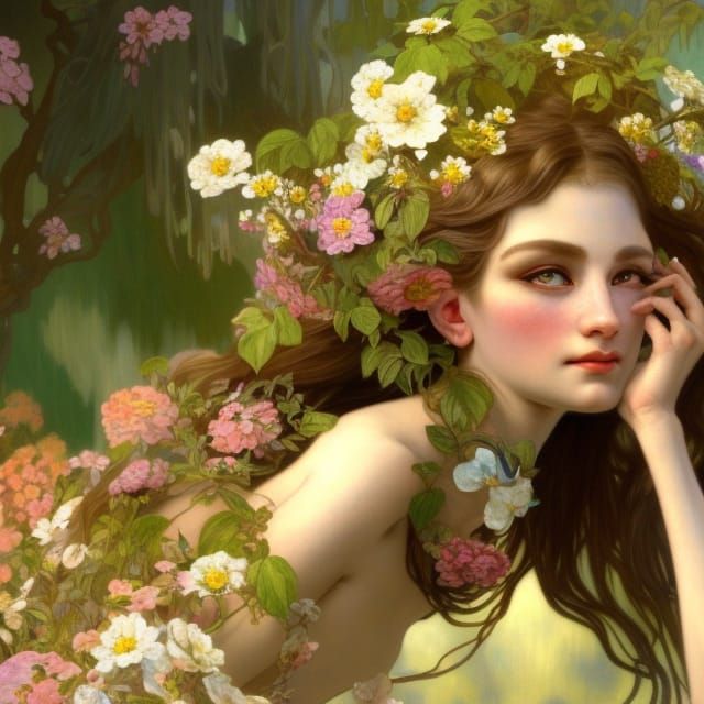 Female Satyr Portrait in Flower Garden, Digital Art