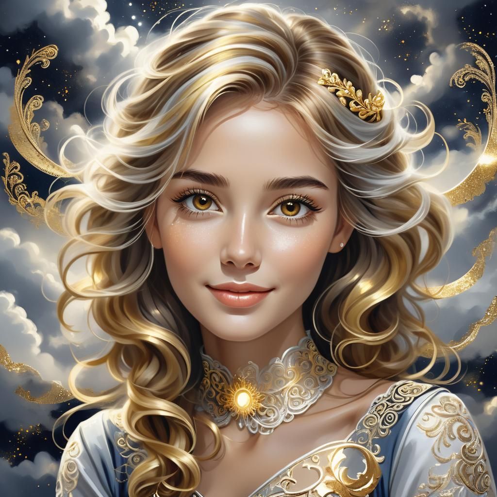 Beautiful Woman Portrait with Gold and Silver Filigree