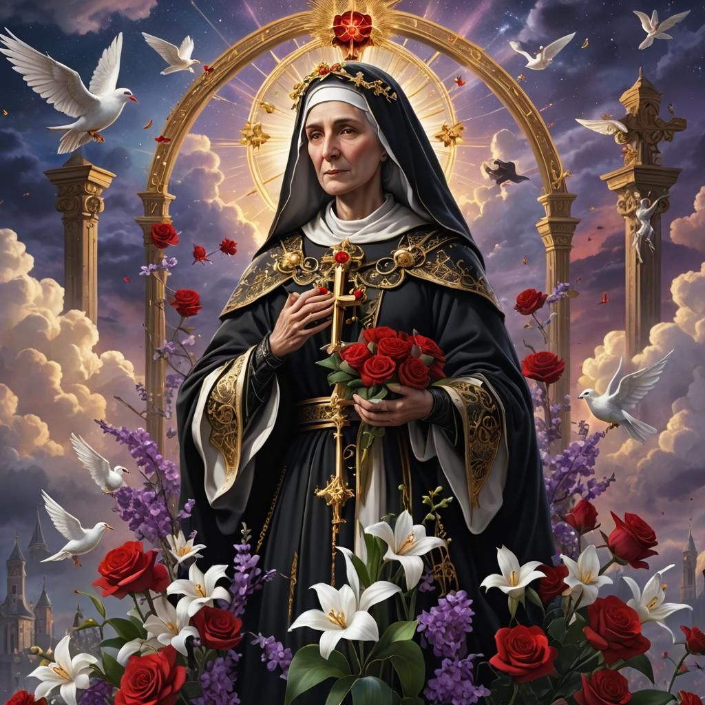 St Rita with Roses and Doves in Radiant Sky