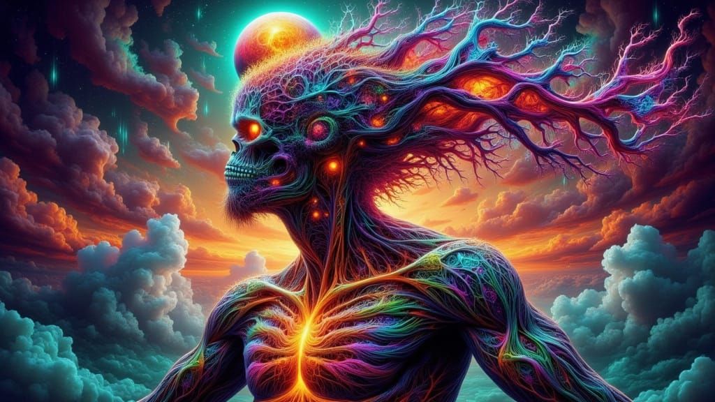 Hatching Figure on Floating Island in Dark Fantasy Style