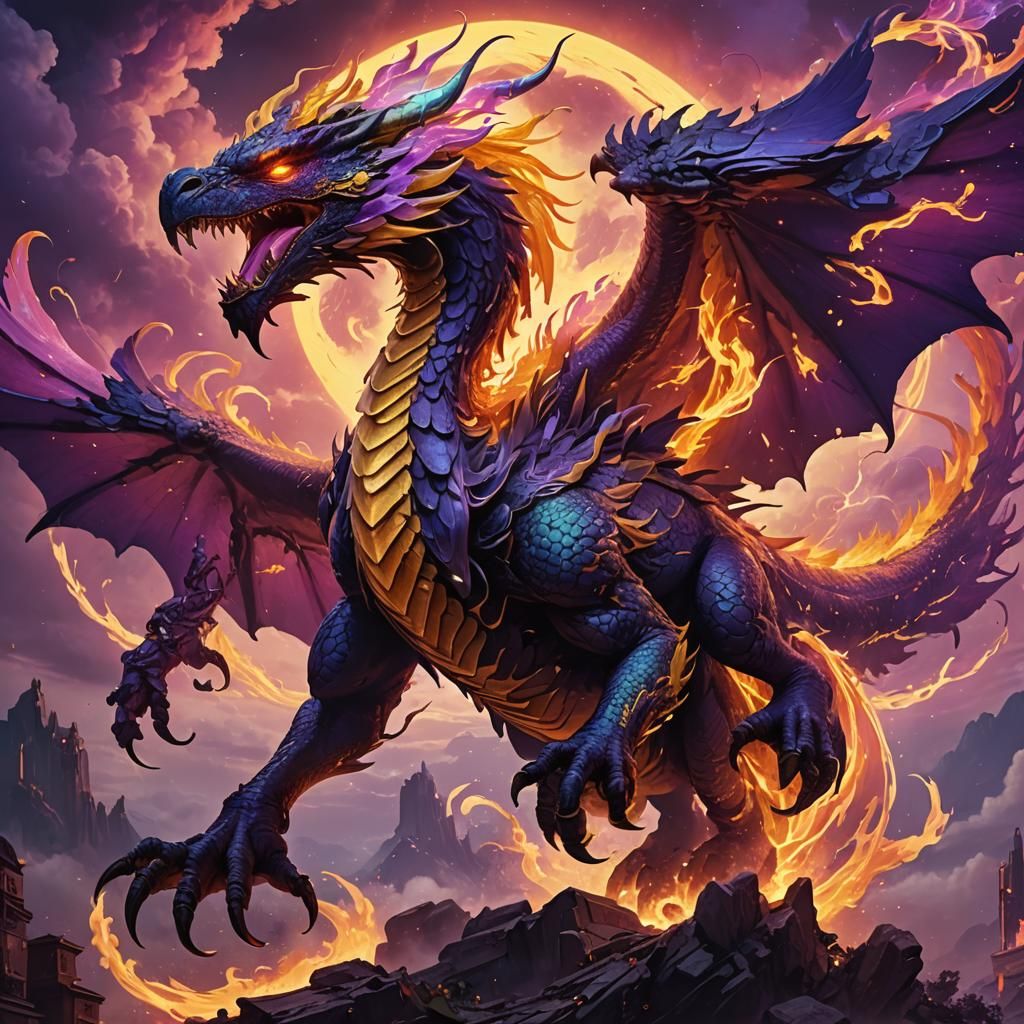 Phoenix vs Dragon in Neon Clouds, Dark Fantasy