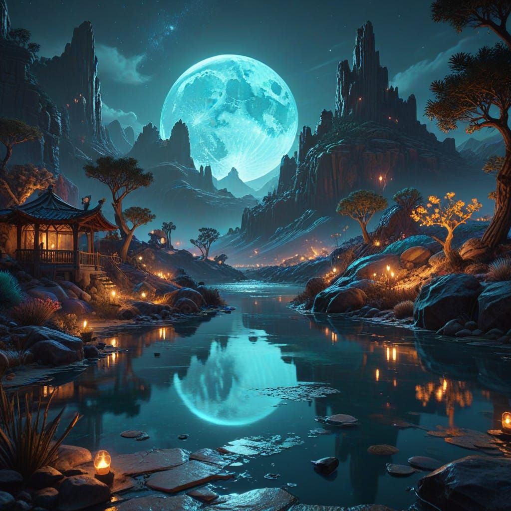 Surreal Desert Oasis Under Vibrant Moonlight