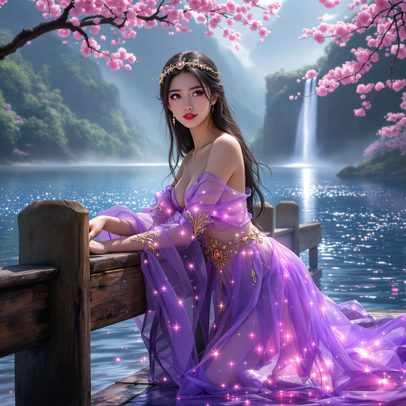 Radiant Asian Woman with Glowing Circlet and Purple Gown