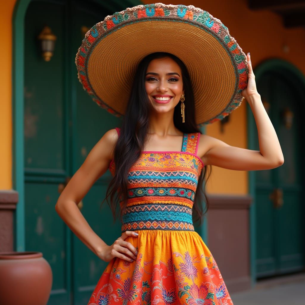Serene Mexican Woman in Colorful Dress with Sombrero