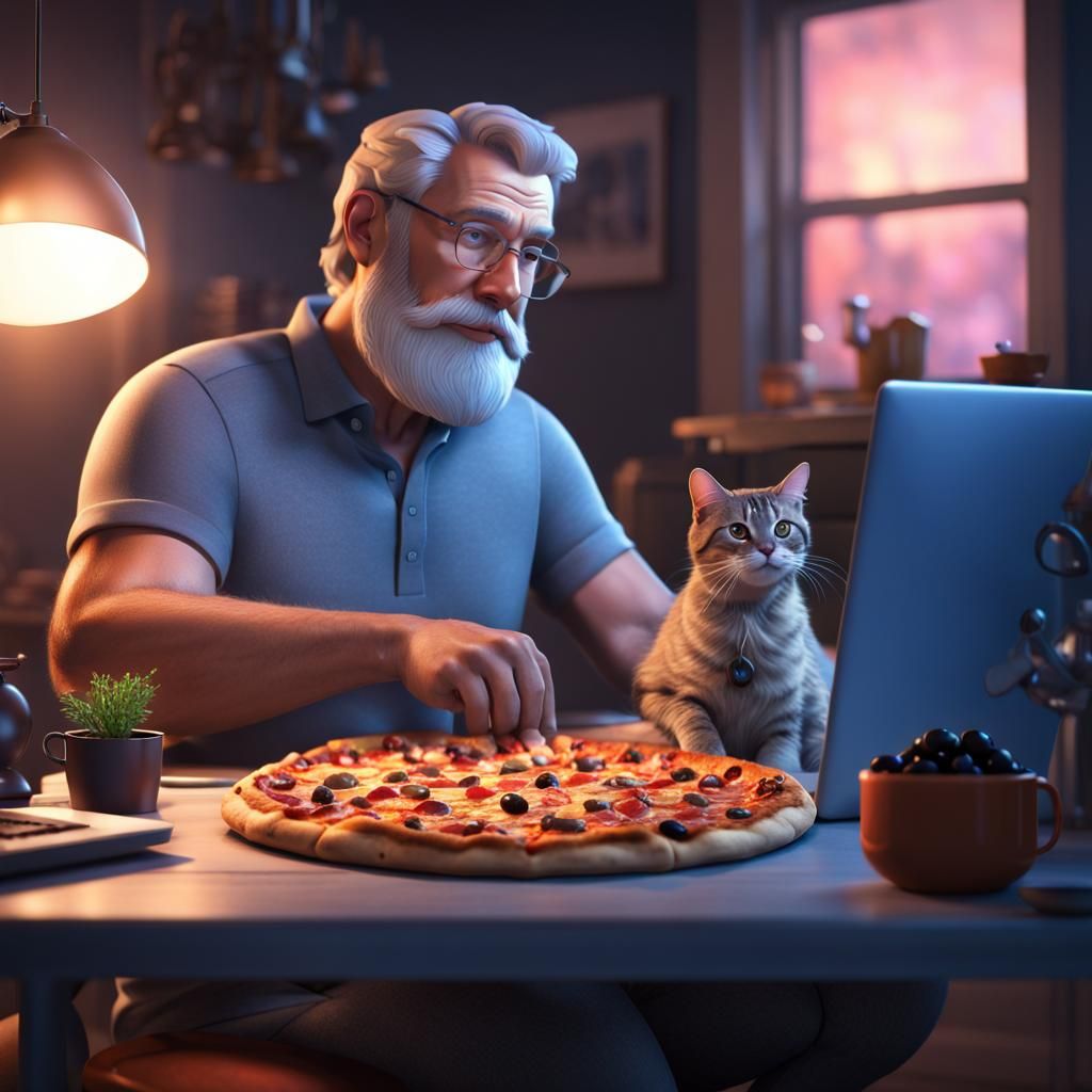 Man, Cat, and Pizza in 3D Digital Art