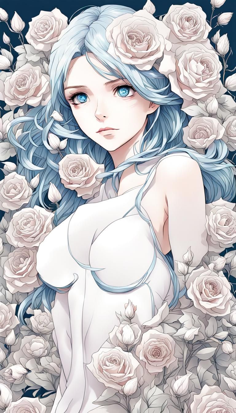 Surreal Anime Woman Blooming with Roses