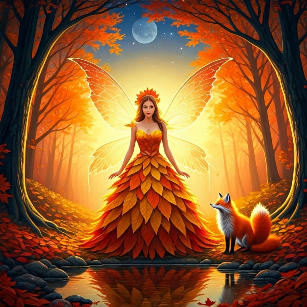 Autumn Fairy in Forest with Fox, Digital Matte Painting