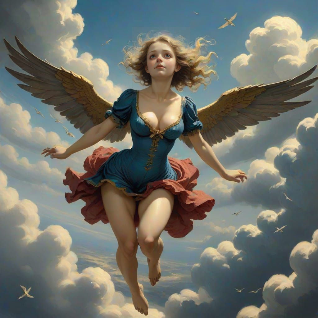 Cute Woman in Flight Over the Sky in a Dark Fantasy Style