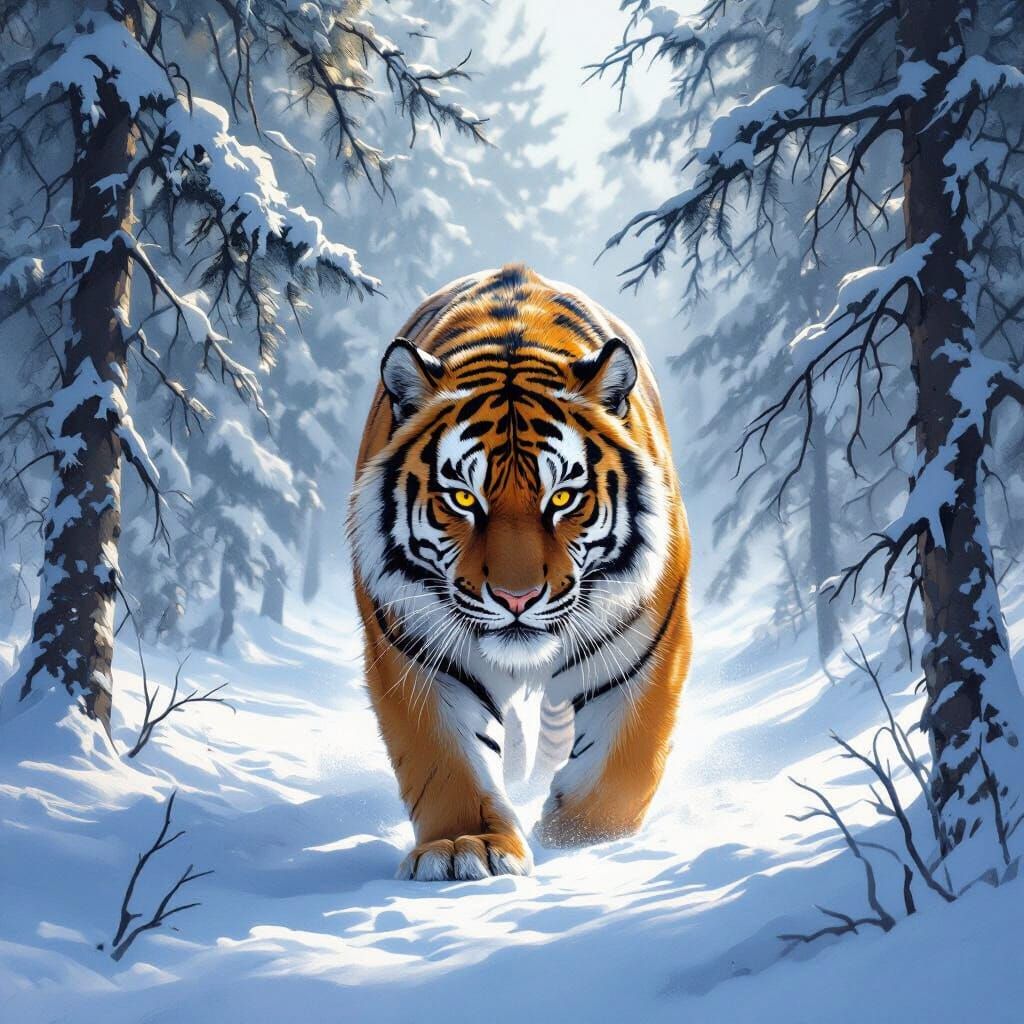 Muscular Siberian Tiger Hunts in Freezing Forest