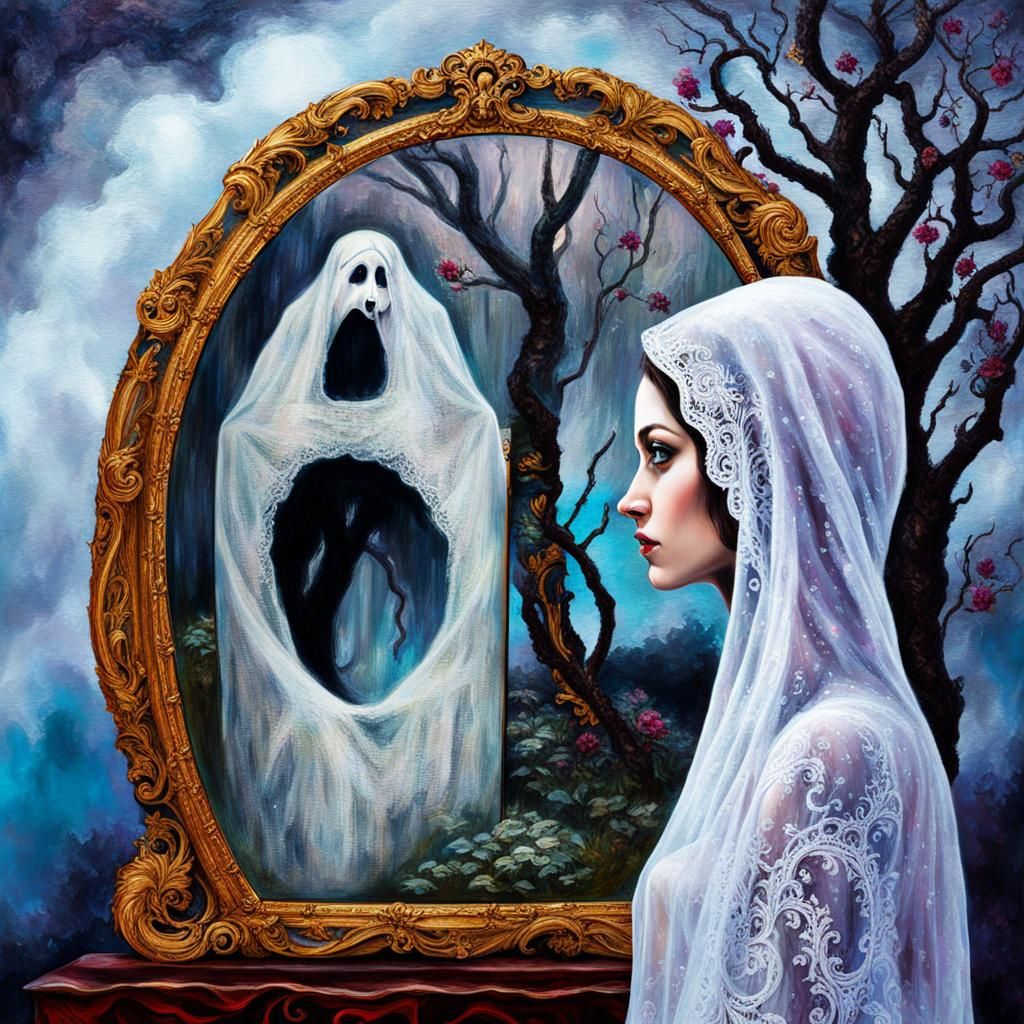 Woman Sees Ghost Reflection in Ornate Mirror