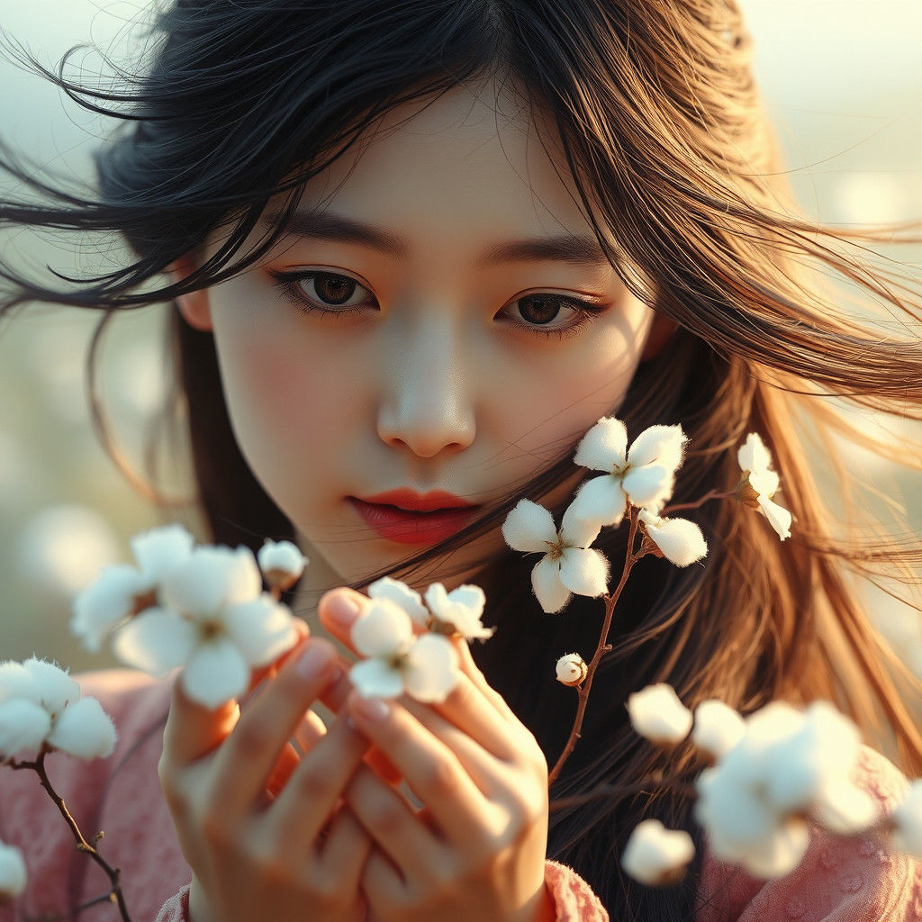Korean Girl with Flowers in Dreamlike Matte Painting