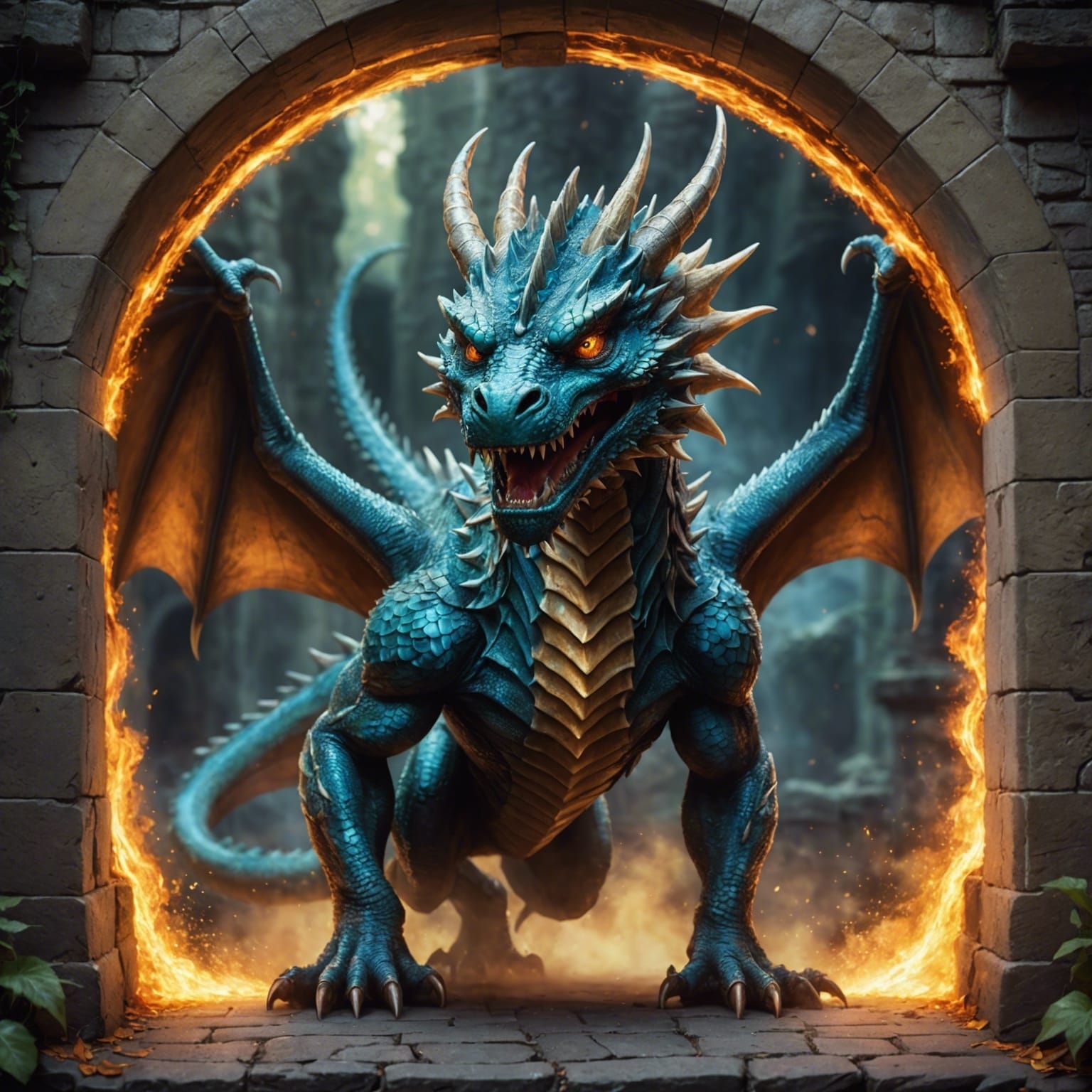 Dragon Stepping Out of Portal with Fairies