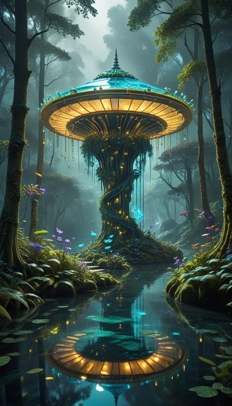 Majestic Floating Pagoda Above Bioluminescent Forest